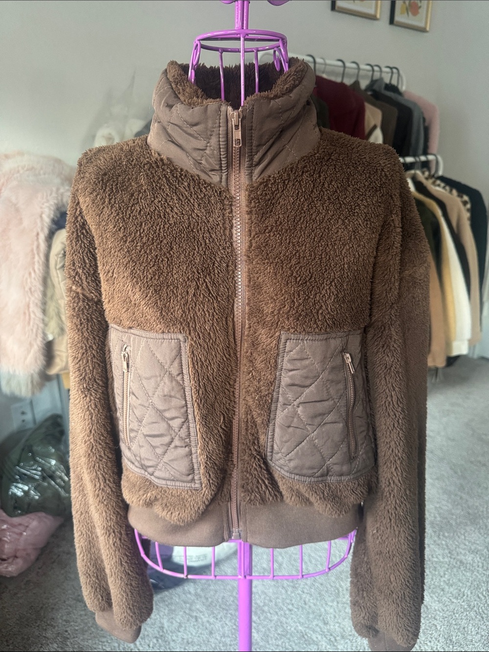 Shein Cozy Brown Teddy Fleece Zip Jacket